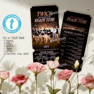 Könnte beinhalten: Ein schwarzes und goldenes Konzertticket für die TWICE 5th World Tour "Ready to Be" mit einem Foto der Bandmitglieder. Das Ticket enthält das Datum, den Ort und einen Bereich für Ihren Namen. Die Tourdaten für Nordamerika sind auf der rechten Seite des Tickets aufgeführt.