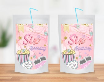 Pink Movie Night Kool-Aid Juice Template & Sleepover Party Stickers - Girl Spa Digital Printable Decorations