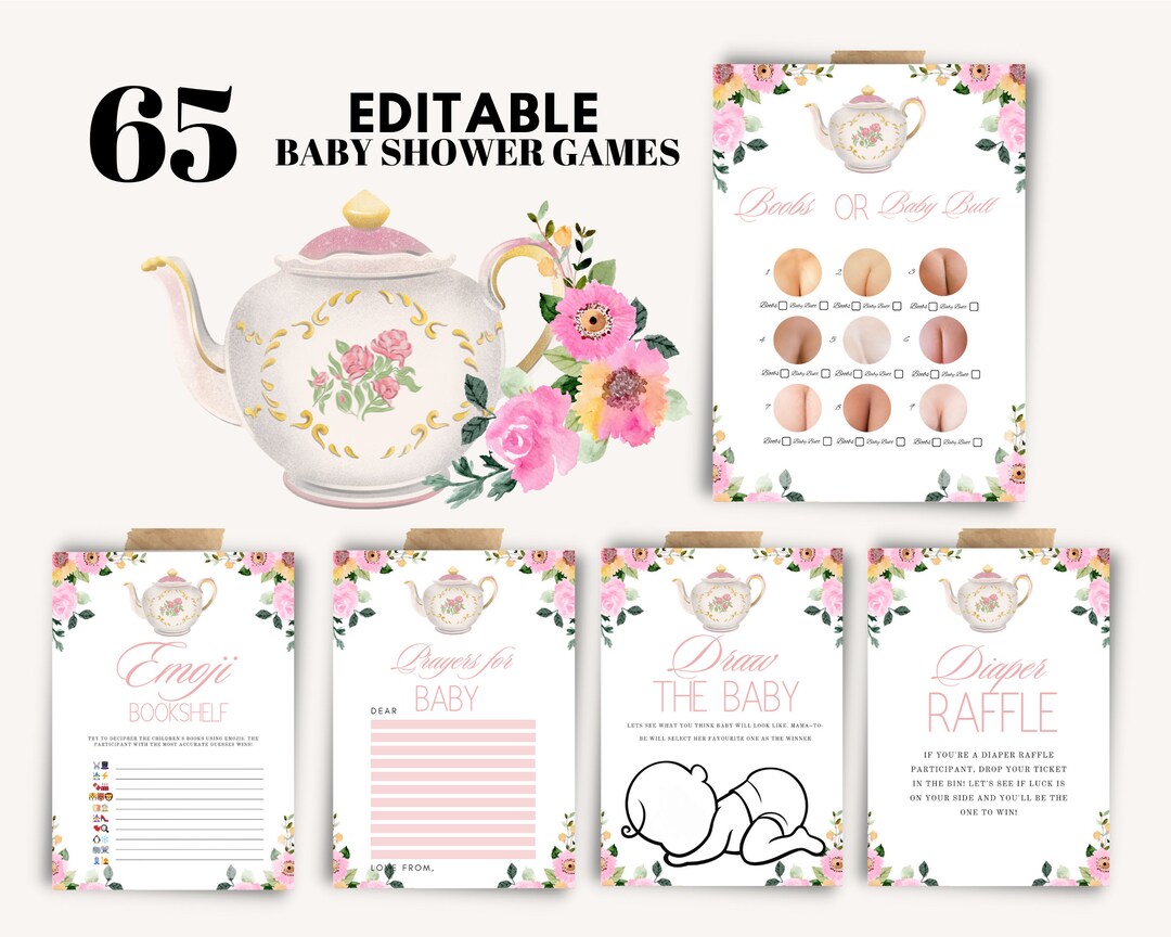 Editable Pink Tea Party Baby Shower Game Bundle, Floral Baby Shower ...