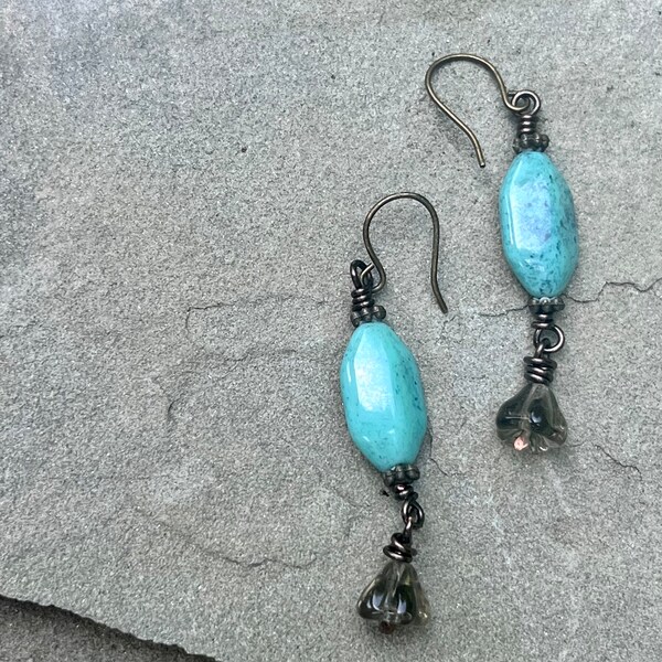 Handmade, Artisan-created earrings featuring teal glass with smokey-topaz Czech glass flowers on copper earwires  for woman, girls, teens