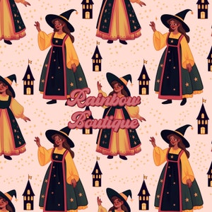 Seamless pattern witch, Witch seamless file, witch seamless design, Boho witch pattern, orange witch seamless, Little Girl boho pattern file