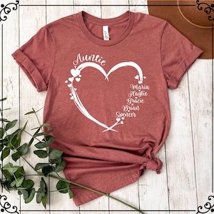 Auntie Heart Shirt with Nephew Niece Names, Custom Aunt Gift Tee, Personalized Aunt Shirt, Best Aunt Ever Shirt, Auntie Name Shirt, Aunt Tee