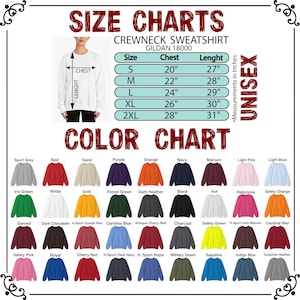 Peut inclure: Un tableau des tailles et des couleurs pour un sweat-shirt ras du cou Gildan 18000. Le tableau des tailles indique des mesures de poitrine de 51 cm &agrave; 71 cm et des longueurs de 69 cm &agrave; 79 cm. Le tableau des couleurs affiche diverses couleurs.