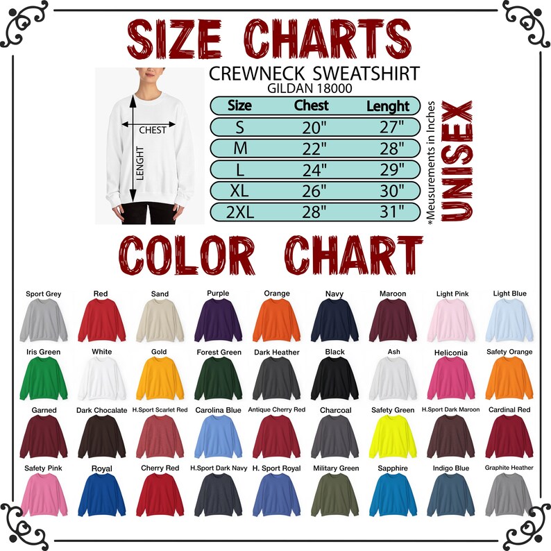 Peut inclure: Un tableau des tailles et des couleurs pour un sweat-shirt ras du cou Gildan 18000. Le tableau des tailles indique des mesures de poitrine de 51 cm &agrave; 71 cm et des longueurs de 69 cm &agrave; 79 cm. Le tableau des couleurs affiche diverses couleurs.