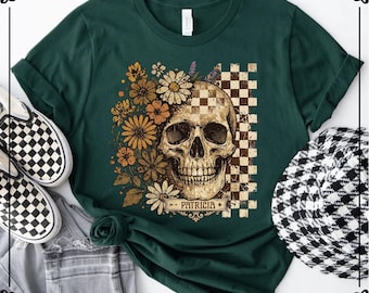 Custom Boho Skull Shirt, Vintage Grunge Tee, Retro Spooky Halloween Shirts, Spooky Floral Tshirt