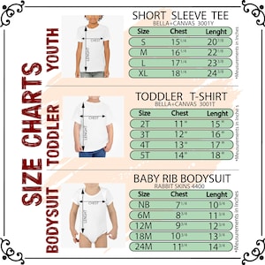 May include: Size charts for youth short sleeve tees, toddler t-shirts, and baby rib bodysuits. Measurements are in inches. The charts include chest and length measurements for each size, with sizes ranging from newborn to XL.