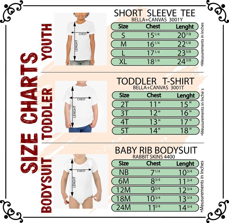 May include: Size charts for youth short sleeve tees, toddler t-shirts, and baby rib bodysuits. Measurements are in inches. The charts include chest and length measurements for each size, with sizes ranging from newborn to XL.