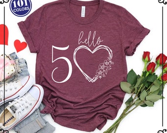 Hello 50 T-Shirt: Floral Heart, 50th Birthday Gift