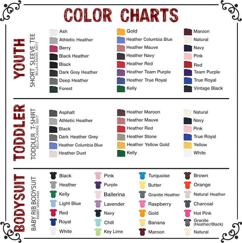 Peut inclure: Un nuancier pour les t-shirts &agrave; manches courtes pour jeunes, les t-shirts pour tout-petits et les bodies pour b&eacute;b&eacute;s. Le tableau affiche une vari&eacute;t&eacute; de couleurs, notamment Ash, Black, Heather et Kelly. Le texte sur le tableau comprend les mots "NUANCIER", "JEUNES", "ENFANTS EN BAS &Acirc;GE" et "BODYSUIT".