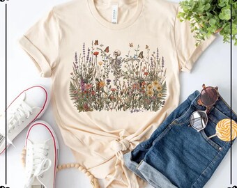 Skeleton Dancing Shirt, Wildflower Halloween Shirts, Floral Cottagecore Tee, Nature Lover Women's T-shirt