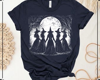 T-shirt Sorcières Coven, T-shirt rétro à motif pleine lune, T-shirts d'Halloween Forêt hantée