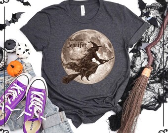 Custom Flying Witch Shirt, Retro Halloween Full Moon Shirt, Vintage Spooky Season Shirts, Witchy