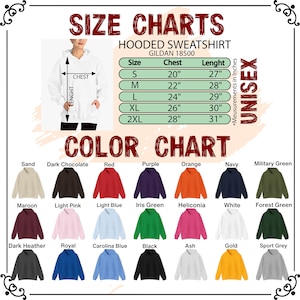 Peut inclure: Tableau des tailles et des couleurs pour un sweat &agrave; capuche unisexe. Le tableau indique les mesures de la poitrine et de la longueur en pouces pour les tailles S &agrave; 2XL. Un nuancier affiche diverses couleurs de sweat-shirt, dont Sable, Rouge et Noir.