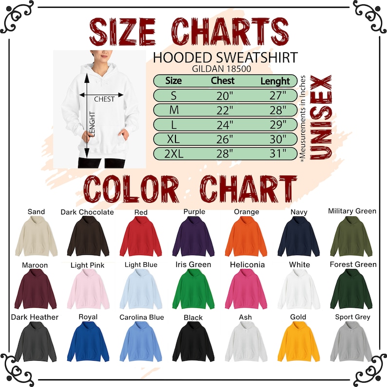 Peut inclure: Tableau des tailles et des couleurs pour un sweat &agrave; capuche unisexe. Le tableau indique les mesures de la poitrine et de la longueur en pouces pour les tailles S &agrave; 2XL. Un nuancier affiche diverses couleurs de sweat-shirt, dont Sable, Rouge et Noir.