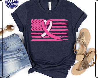 Breast Cancer Awareness Shirt: Ribbon American Flag Tee