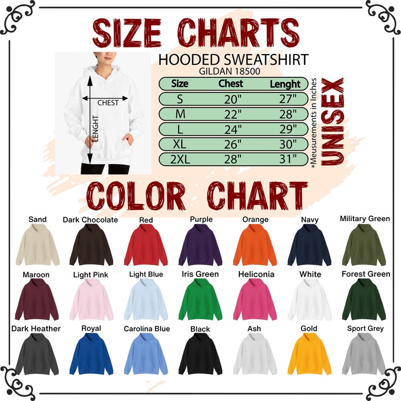 May include: Size and color chart for a Gildan 18500 unisex hooded sweatshirt. The size chart shows chest and length measurements in inches for sizes S to 2XL. The color chart displays various sweatshirt colors, including Sand, Red, and Black.