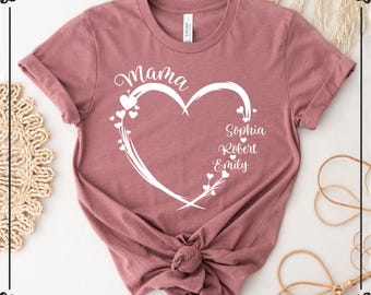 Personalized Mama Heart T-Shirt with Kids Names, Custom Mom Gift