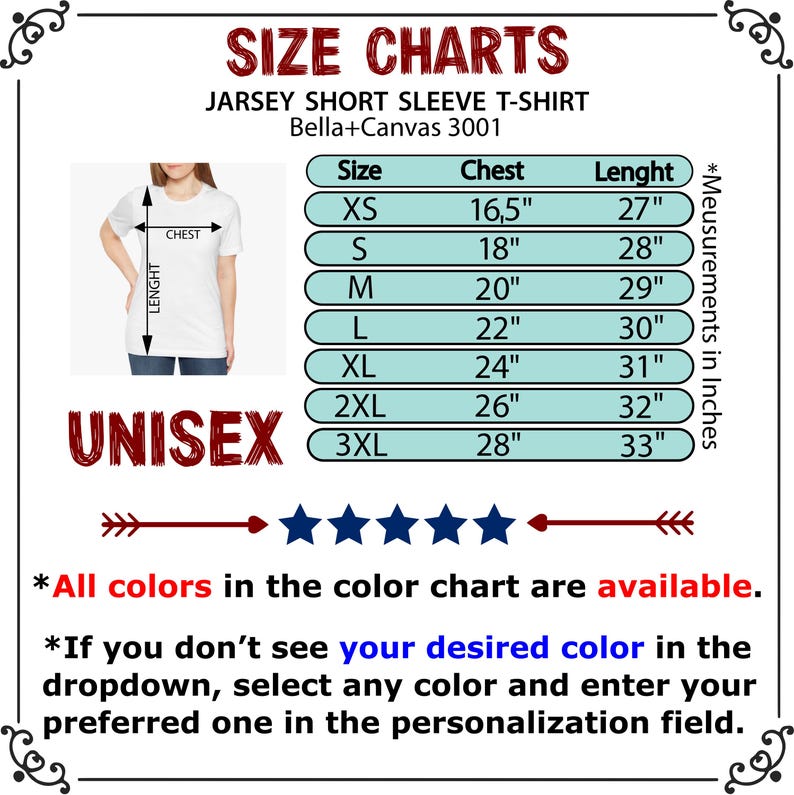 Peut inclure: Tableau des tailles de t-shirts unisexes blancs avec mesures de poitrine et de longueur en pouces. Le tableau comprend les tailles XS &agrave; 3XL, avec des mesures de poitrine allant de 41,9 cm &agrave; 71,1 cm et des longueurs de 68,6 cm &agrave; 83,8 cm.