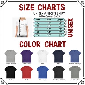 May include: Image showing a size and color chart for a unisex V-neck t-shirt. The size chart includes chest and length measurements in inches. The color chart displays various t-shirt colors, including Athletic Heather, Team Purple, White, Navy, and Black.