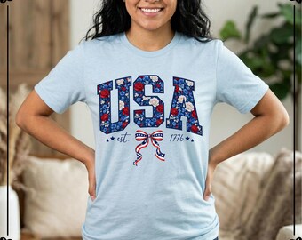 Floral USA Est. 1776 T-Shirt, Coquette Patriotic Americana Fourth of July Tee,  USA Shirt