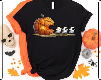 Pumpkin Ghost Shirt, Funny Halloween T-Shirt, Pumpkins Pac Man Shirts, Spooky Ghost Tee