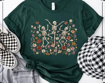 Dancing Skeleton Fall Shirt, Floral Skeleton Graphic Tee, Spooky Season Halloween T-Shirt Gift
