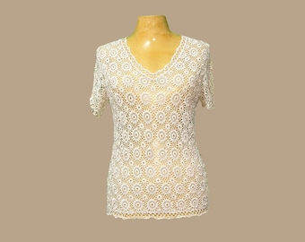Hand gehäkelte Spitzen Bluse | Vintage Boho Top, Grösse L