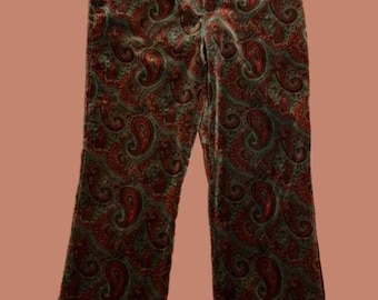 Pantalones vintage con estampado paisley / Pantalones de terciopelo / Talla 10