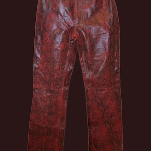 May include: Red faux leather pants with a snakeskin pattern. The pants have a button and zipper closure, belt loops, and front and back pockets. The pants are a straight-leg style.
