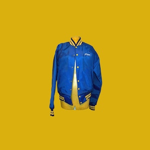 May include: A blue satin bomber jacket with yellow and white detailing. The jacket features a yellow collar, cuffs, and striped waistband. The word "Pam" is embroidered in white on the chest. The jacket is buttoned and displayed on a mannequin.