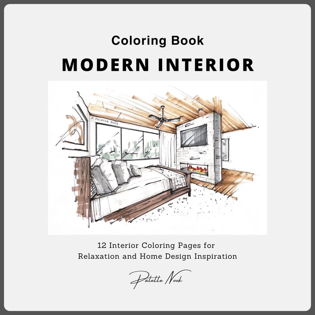 12 Modern Interior Coloring Templates | Design Practice | Instant PDF ...