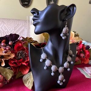 Beautifully Designed, one of a kind, homemade. 90’s Fashion jewelry set. Retro Acrylic gray flat back on silver hollow frame and earrings