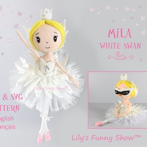 May include: A white swan ballerina doll with a yellow crown and a black mask. The doll is wearing a white tutu and white wings. The doll is sitting on a white surface. The text "MILA WHITE SWAN" is written in pink letters above the doll. The text "Lily's Funny Show™" is written in pink letters below the doll.