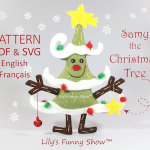 K&ouml;nnte beinhalten: Eine Filz-Weihnachtsbaumfigur namens Samy, mit gr&uuml;nem K&ouml;rper, wei&szlig;em Schnee, braunen Armen und Beinen und einem gelben Stern oben. Der Text "Samy der Weihnachtsbaum" ist in Rot auf wei&szlig;em Hintergrund geschrieben.