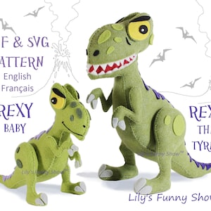 May include: PDF and SVG sewing patterns for a green felt Rexy the T-Rex and a smaller green felt baby Rexy dinosaur. The patterns are available in English and French. The text "Lily's Funny Show™" is at the bottom of the image.