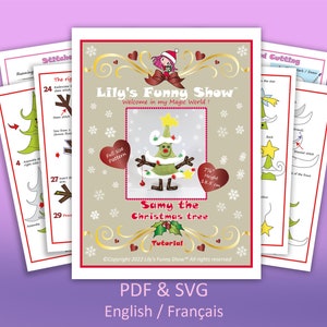 K&ouml;nnte beinhalten: Ein druckbares PDF- und SVG-Muster f&uuml;r ein Filz-Weihnachtsbaumspielzeug namens Samy. Das Muster enth&auml;lt ein Muster in Originalgr&ouml;&szlig;e, Anweisungen und ein Tutorial. Der Baum ist gr&uuml;n mit einem rot-wei&szlig; gestreiften Hut, einem braunen Stamm und einem Stechpalmenzweig. Der Baum ist 19 cm hoch.