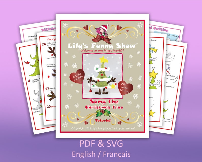 K&ouml;nnte beinhalten: Ein druckbares PDF- und SVG-Muster f&uuml;r ein Filz-Weihnachtsbaumspielzeug namens Samy. Das Muster enth&auml;lt ein Muster in Originalgr&ouml;&szlig;e, Anweisungen und ein Tutorial. Der Baum ist gr&uuml;n mit einem rot-wei&szlig; gestreiften Hut, einem braunen Stamm und einem Stechpalmenzweig. Der Baum ist 19 cm hoch.