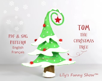 Könnte beinhalten: Ein Filz-Weihnachtsbaum-Muster namens "Tom der Weihnachtsbaum" von Lily's Funny Show. Das Muster enthält eine PDF- und eine SVG-Datei und ist in Englisch und Französisch verfügbar.