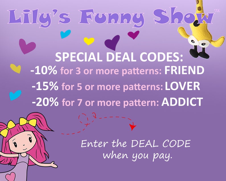 K&ouml;nnte beinhalten: Ein lilafarbener Hintergrund mit dem Text "Lily's Funny Show" in Wei&szlig;. Der Text "SPECIAL DEAL CODES" ist in Schwarz. Darunter befinden sich drei Rabattcodes: -10&nbsp;% f&uuml;r 3 oder mehr Muster: FRIEND, -15&nbsp;% f&uuml;r 5 oder mehr Muster: LOVER, -20&nbsp;% f&uuml;r 7 oder mehr Muster: ADDICT. Der Text "Geben Sie den RABATT-CODE bei der Zahlung ein." ist in Schwarz.