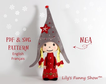 May include: PDF and SVG pattern for a felt Christmas elf doll with a red dress, gray hat, and blonde hair. The doll is named "Nea" and the pattern is by "Lily's Funny Show".