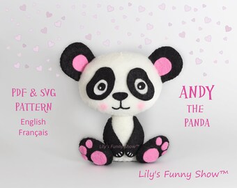 May include: A black and white felt panda plush toy with pink ears and paws. The toy is sitting on a white background with pink hearts. The text "ANDY THE PANDA" is written in black letters on the right side of the image. The text "Lily's Funny Show™" is written in black letters at the bottom of the image.