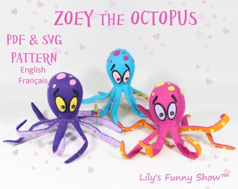May include: A PDF and SVG pattern for sewing a plush octopus toy. The pattern includes three different colour variations: purple, pink, and blue. Each octopus has yellow eyes and colourful polka dots. The pattern is available in English and French.