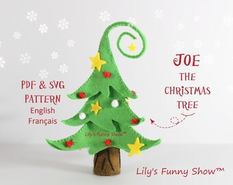 May include: A felt Christmas tree pattern, titled "Joe the Christmas Tree", with a green tree, red ornaments, yellow stars, and white pom-poms. The pattern is available in PDF and SVG formats, in English and French.