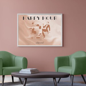 Happy Hour Print, Instant Downloadable Prints, Digital Download, Bar Cart Wall Decor, Bar Cart Art, Cocktail Print, Vintage Wall Art, Cheers