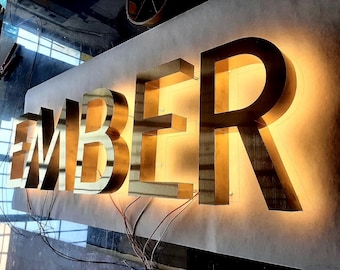 Brushed Gold Backlit Sign | 3D Chrome Letters | Modern Business Signage | Custom Wall Sign with Illuminated Gold Letters