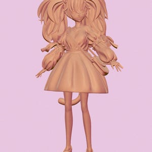 Pode incluir: Figura 3D de uma menina com orelhas de gato, vestindo um vestido, sapatos e uma pequena bolsa. A figura tem cabelo longo e esvoaçante e uma cauda. A cor é pêssego claro, em um fundo rosa.