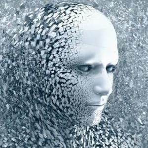 Könnte beinhalten: Eine digitale Darstellung eines menschlichen Gesichts, zusammengesetzt aus fragmentierten, pixeligen Blöcken. Das Gesicht ist in Grautönen und Weiß gerendert, mit einem leicht zerfetzten, zerbrochenen Aussehen. Der Hintergrund ist eine verschwommene, körnige Textur, ebenfalls in Grautönen.