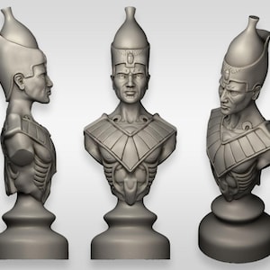 May include: A gray bust sculpture of a person wearing a headdress with a pointed top. The bust is on a pedestal.