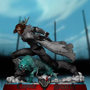 May include: A detailed figurine of a character with a white and grey cloak, holding a weapon, standing on a cloud-like base with a teal-colored wolf-like creature. The base has the text "Coyote Stark" on it.