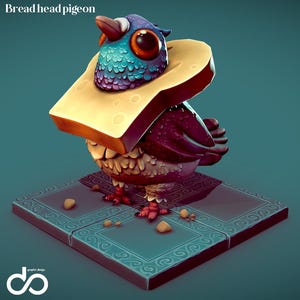 Puede incluir: Ilustración caprichosa de una paloma con una rebanada de pan alrededor de la cabeza. El ave presenta plumas azules, turquesas y moradas vibrantes, con grandes ojos anaranjados. Se encuentra sobre una baldosa cuadrada estampada con migas. El texto "Bread head pigeon" está arriba.